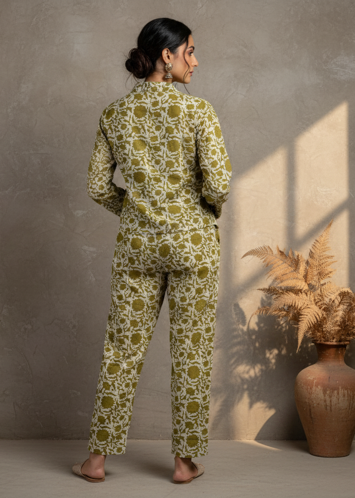 Olive Green Printed Mandarin Collar Co-Ord Set For Women