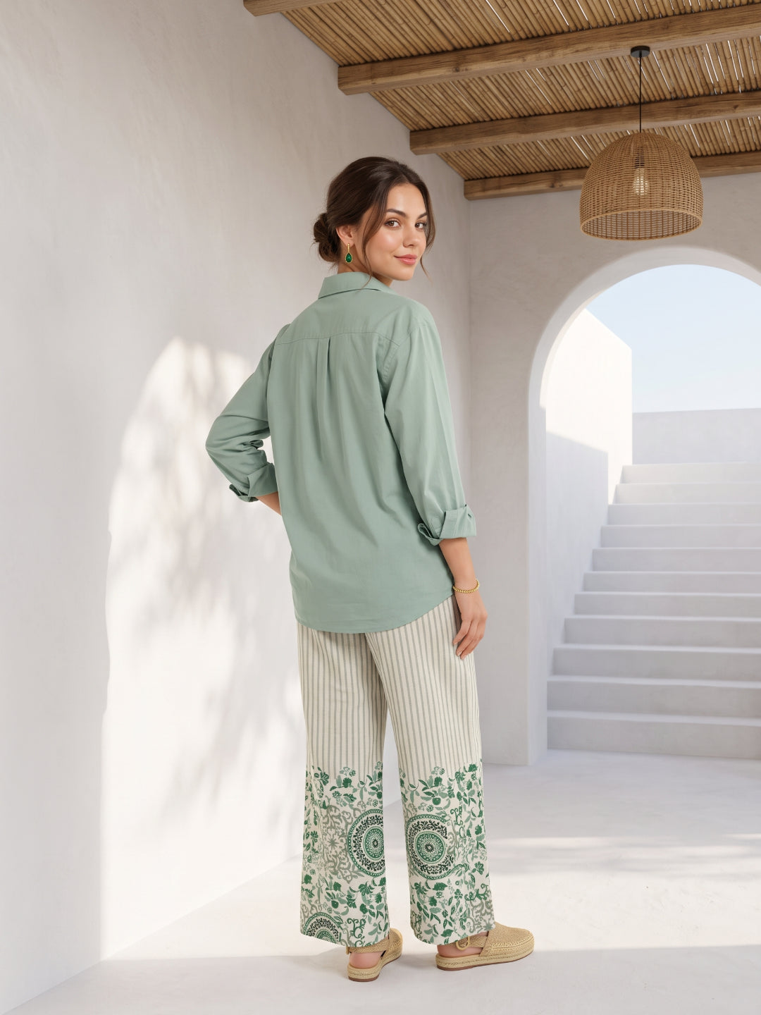 Green Shirt Collar Embroidered Pure Cotton Co-Ord Set For Women