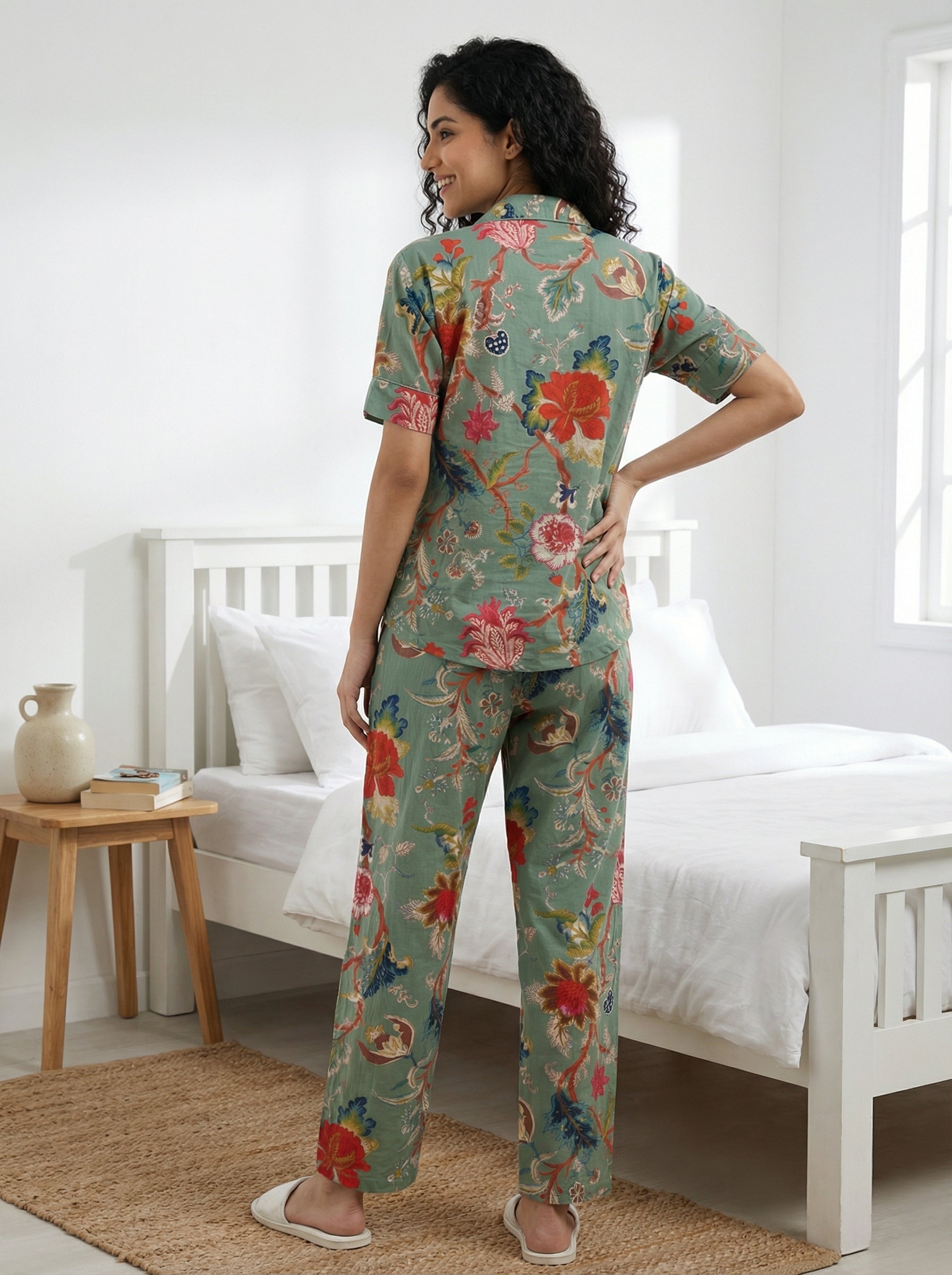 Sage Green Lapel Collar Floral Print Pure Cotton Night Suit For Women