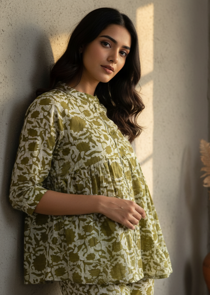 Olive Green Printed Mandarin Collar Co-Ord Set For Women