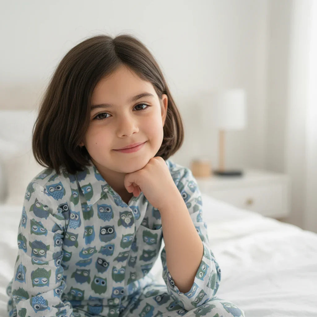 White Abstract Printed Pure Cotton Shirt Collar Night Suit for Kids - SanskrutiHomes