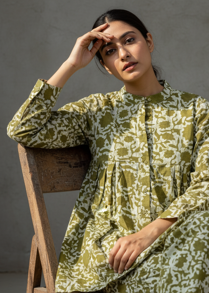 Olive Green Printed Mandarin Collar Co-Ord Set For Women