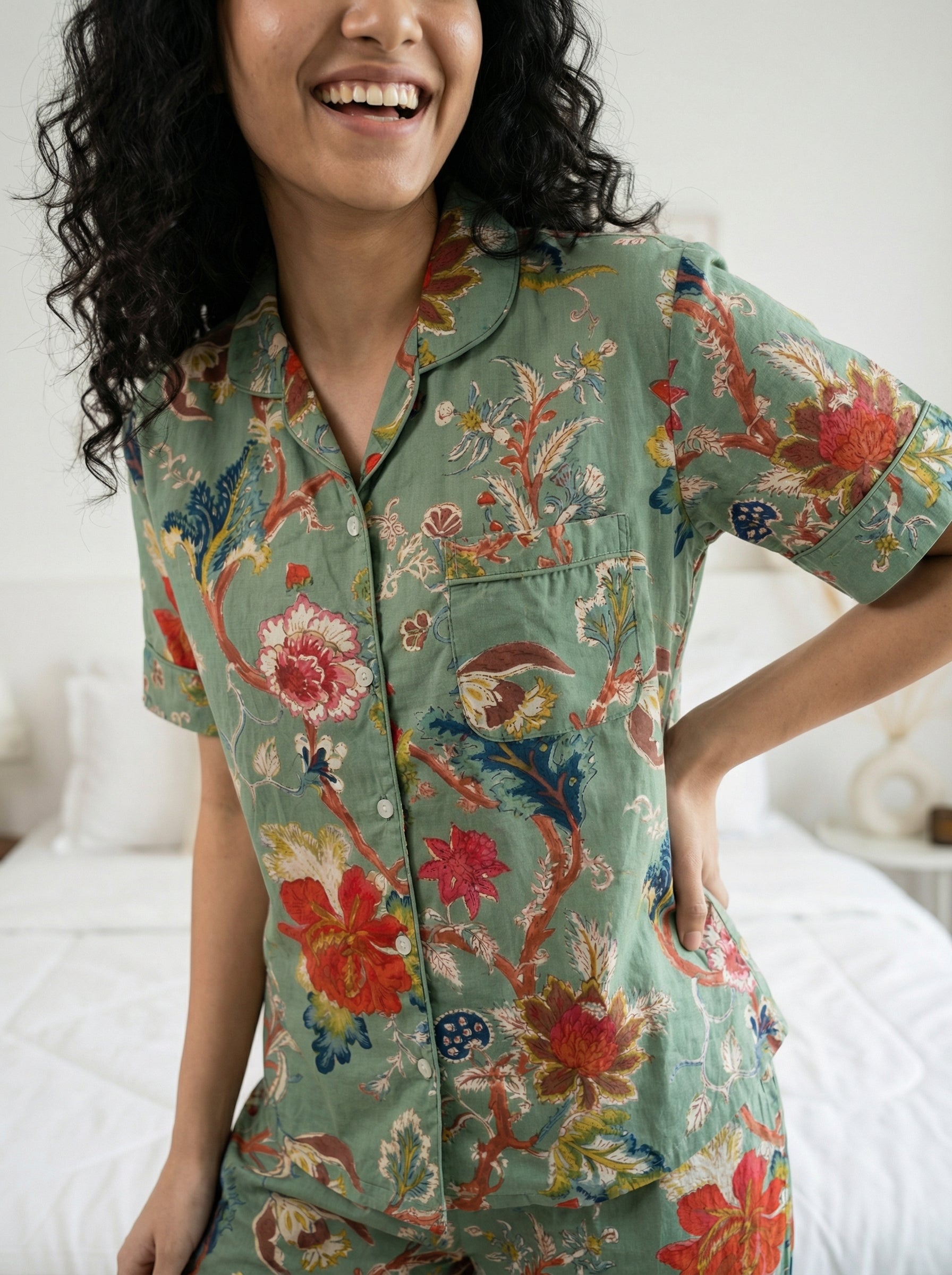 Sage Green Lapel Collar Floral Print Pure Cotton Night Suit For Women