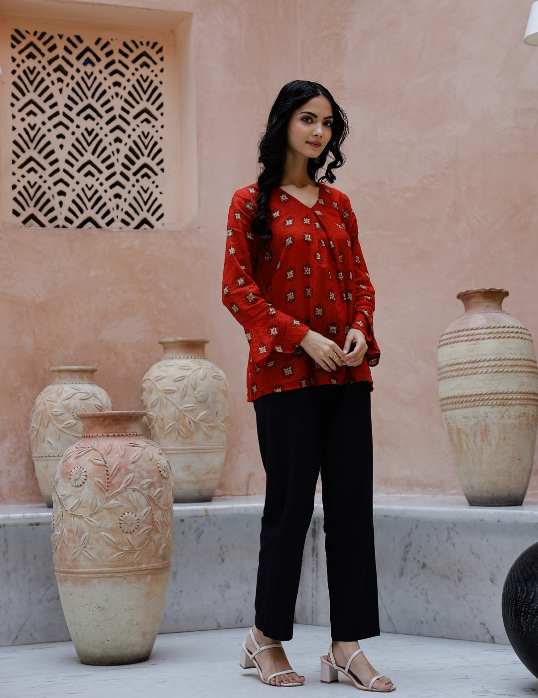 Red Cotton Coord Set For Women