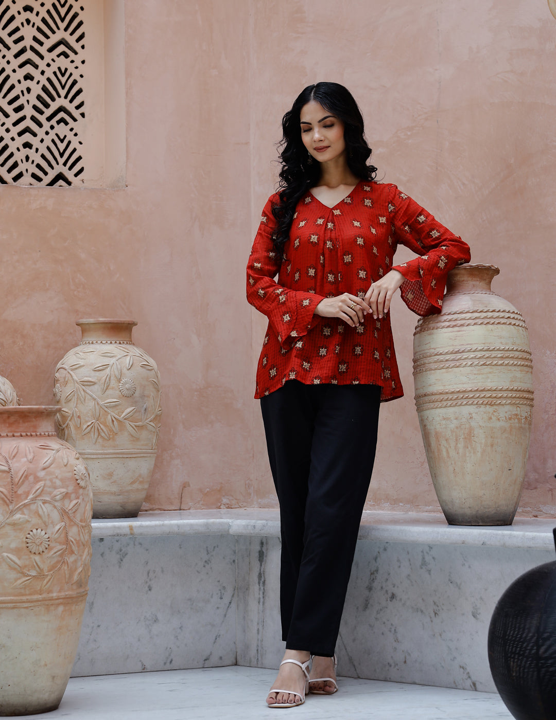 Red Cotton Coord Set For Women
