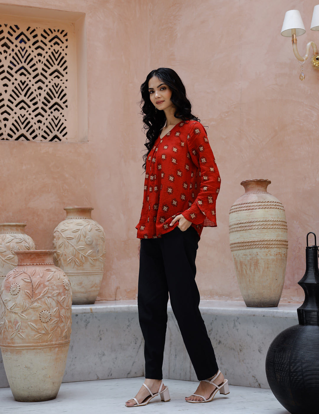 Red Cotton Coord Set For Women