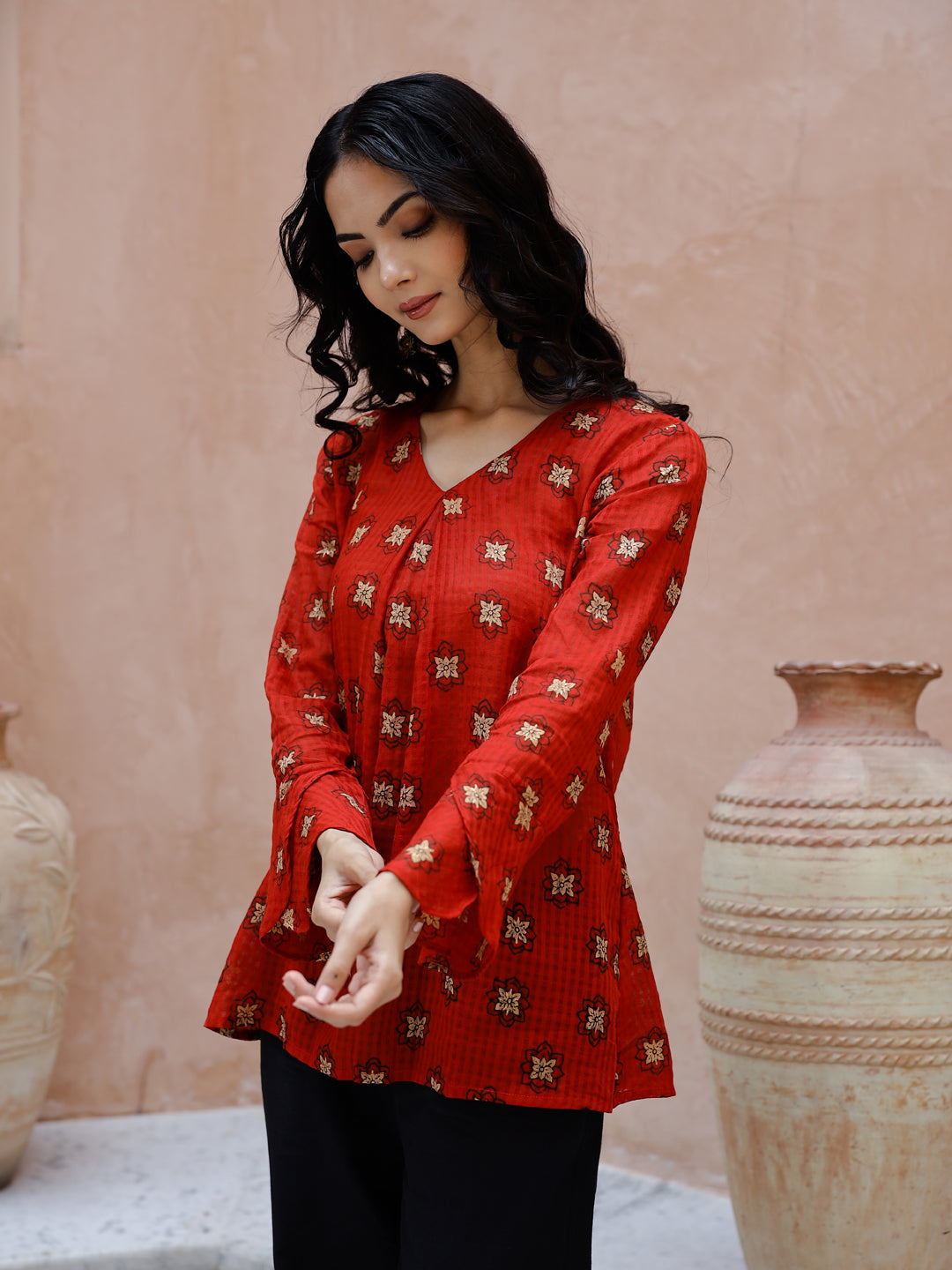 Red Cotton Coord Set For Women