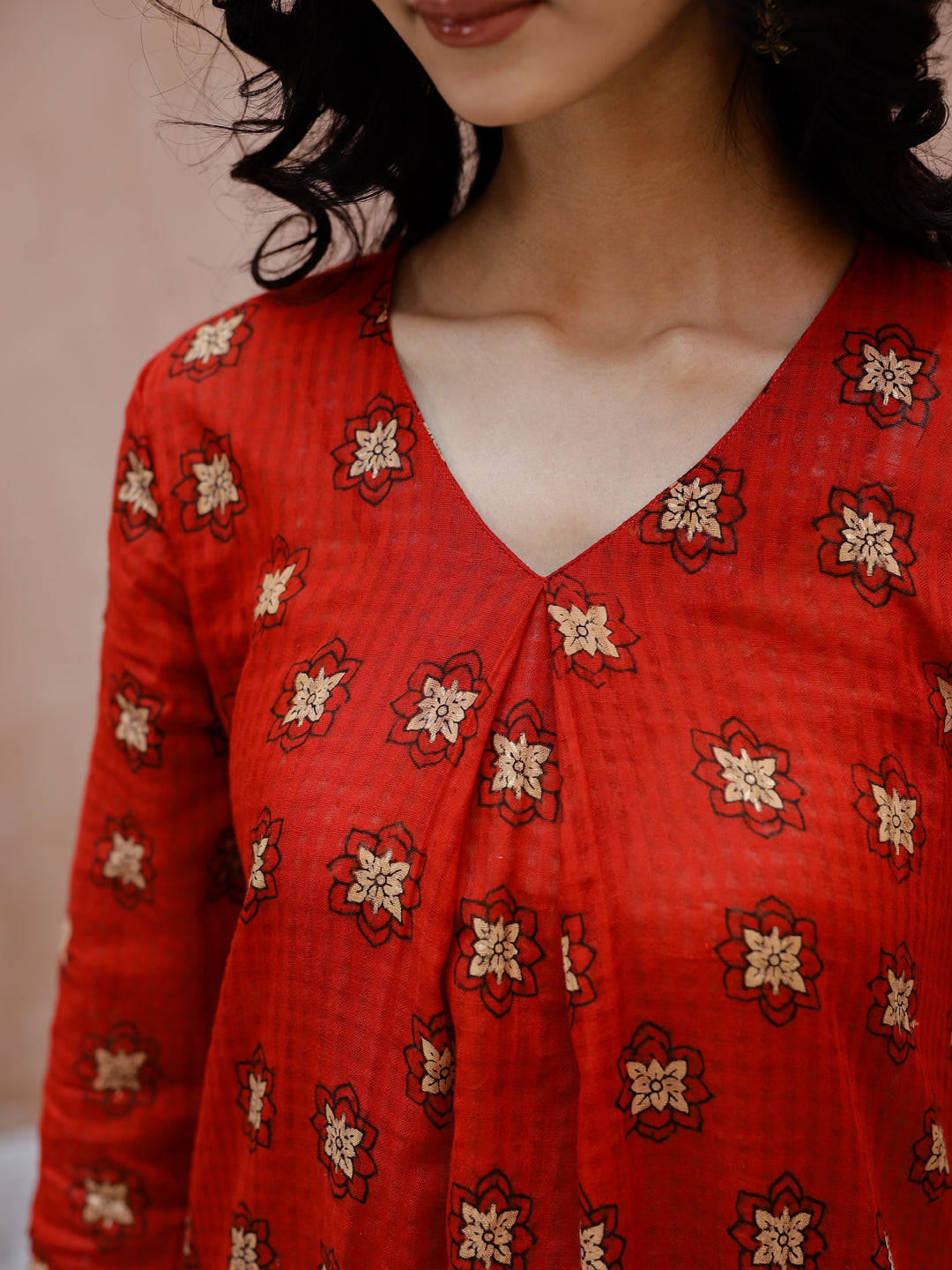 Red Cotton Coord Set For Women