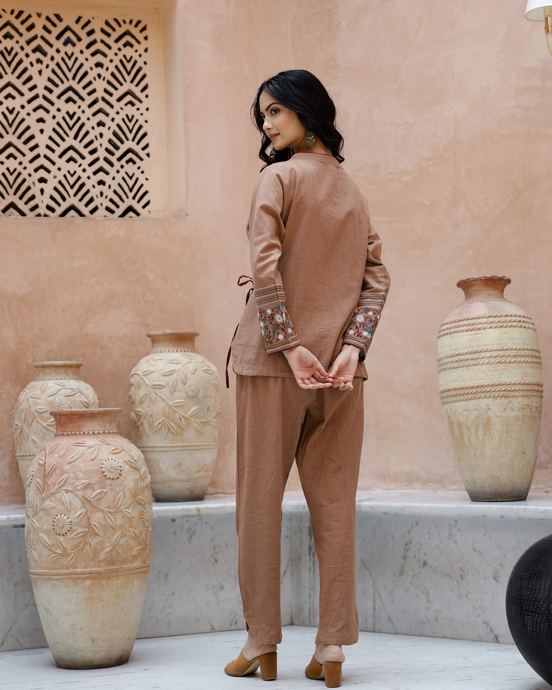 Brown Solid Print Cotton Co-Ord Set For Women