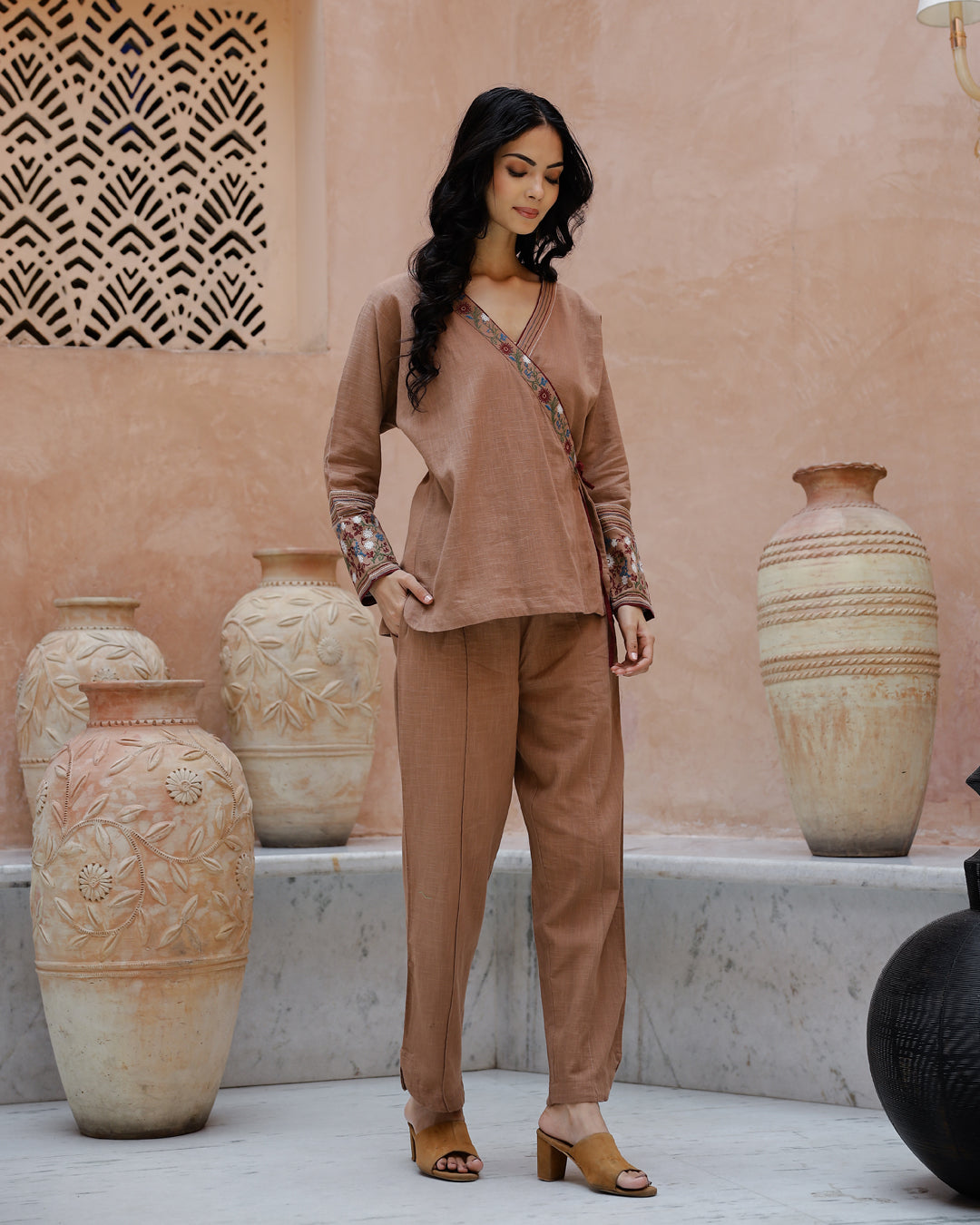Brown Solid Print Cotton Co-Ord Set For Women