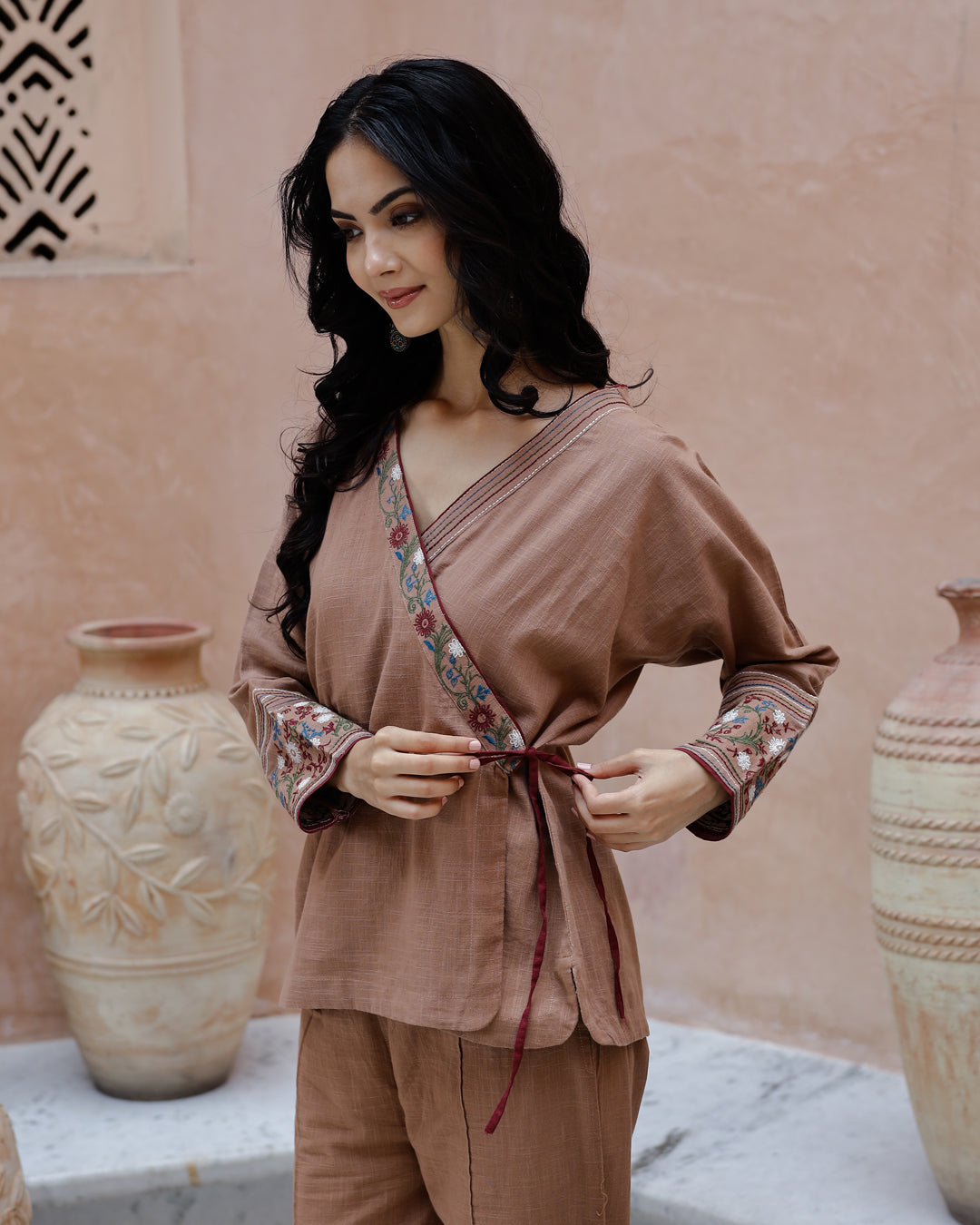Brown Solid Print Cotton Co-ord Set for Women