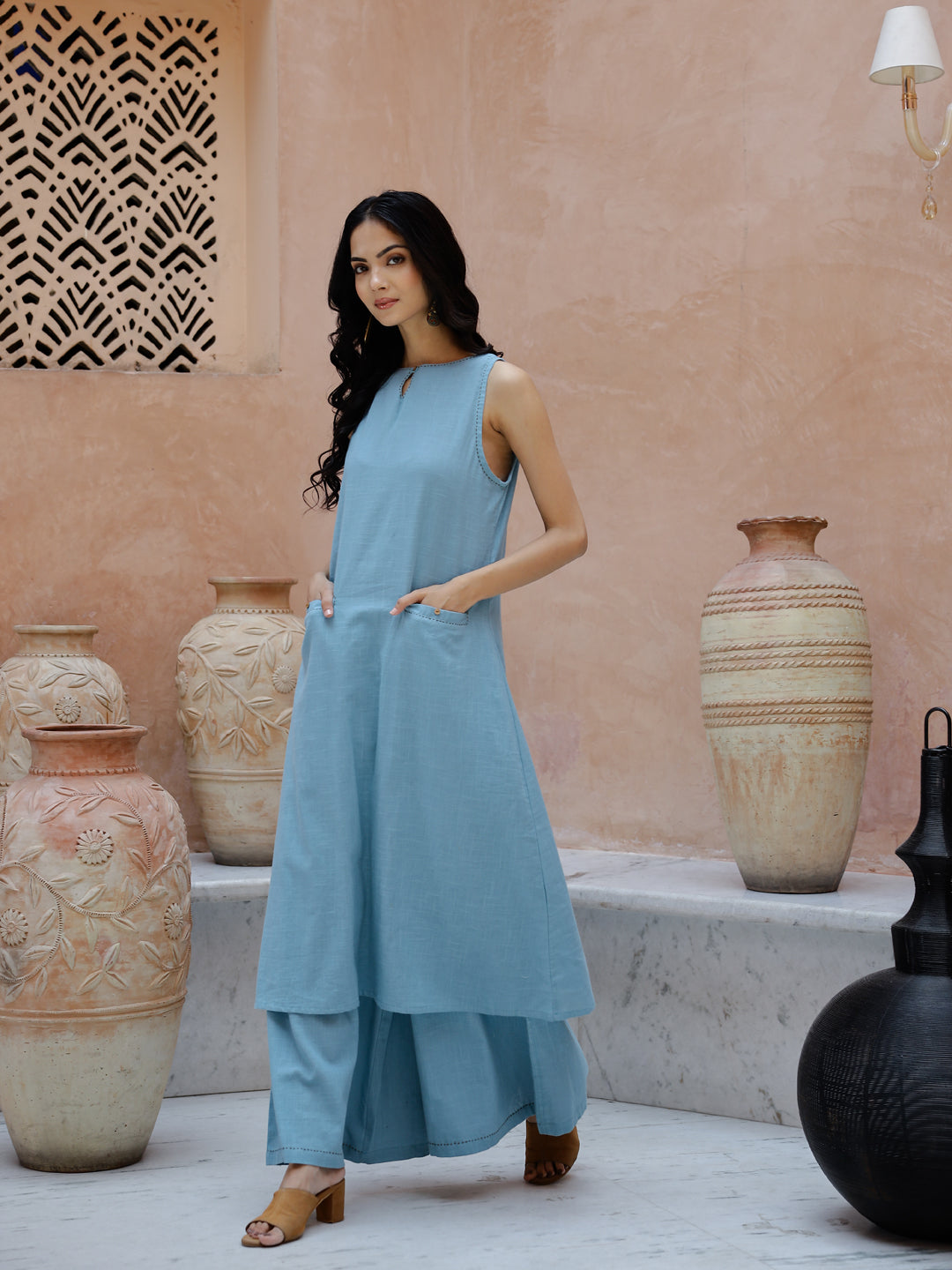 Blue Solid Print Cotton Kurta Set