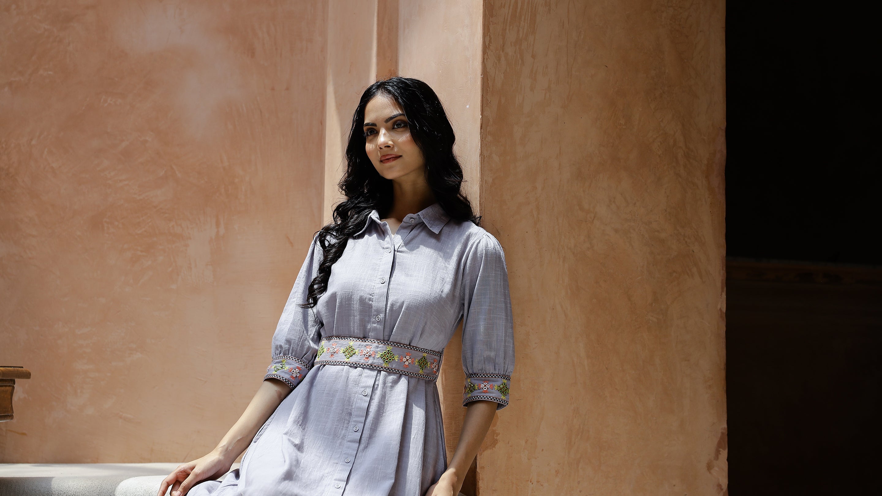 Solid Print Cotton Shirt Collar Dress