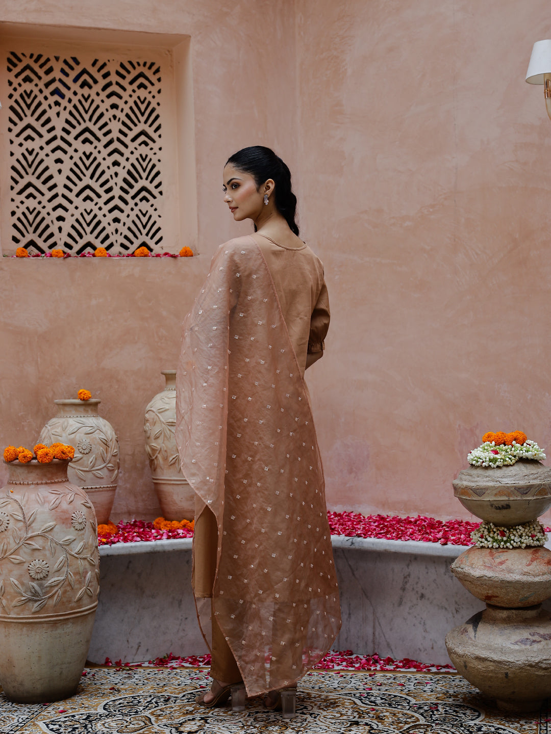 Brown Solid Print Cotton Kurta with Dupatta