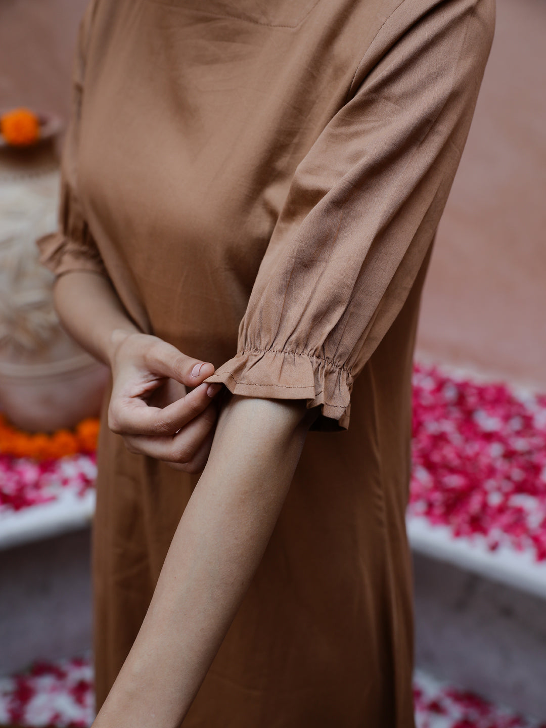 Brown Solid Print Cotton Kurta with Dupatta