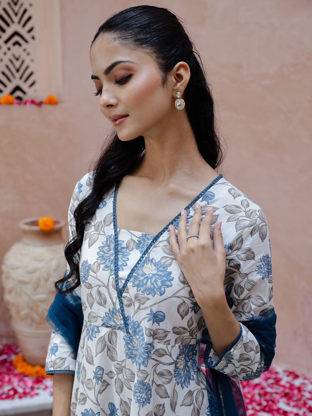 Flower Printed Cotton Kurta With Dupatta