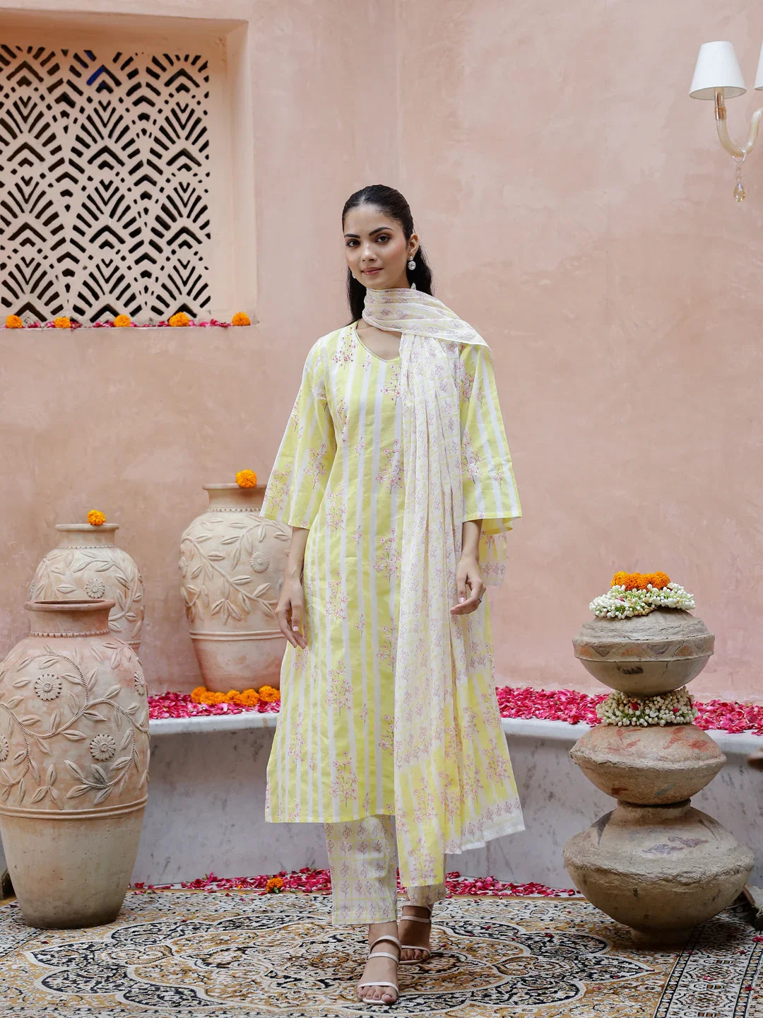 Flower Printed Cotton Kurta Set for Women - SanskrutiHomes
