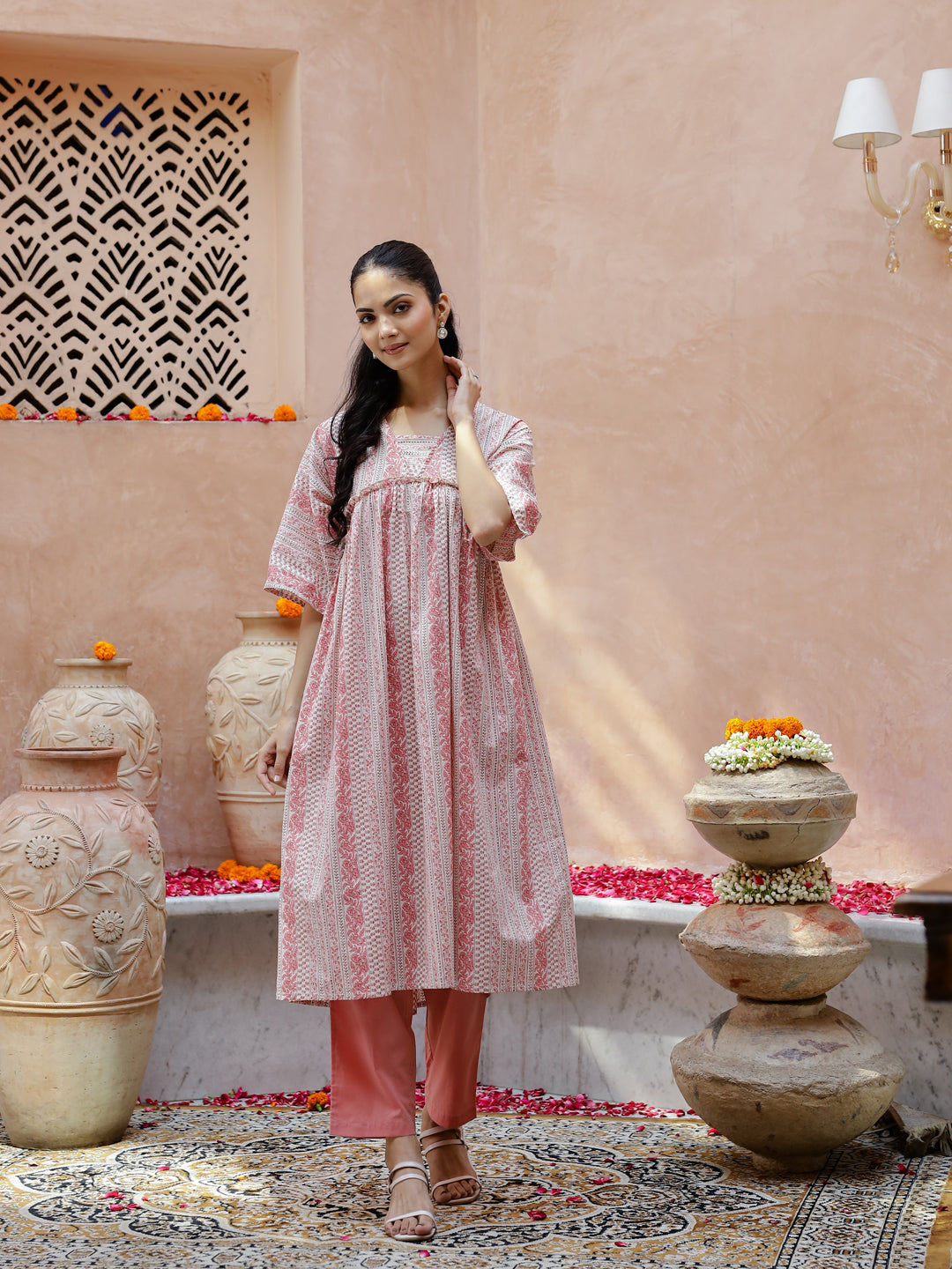Pink Cotton Kurta Set For Women