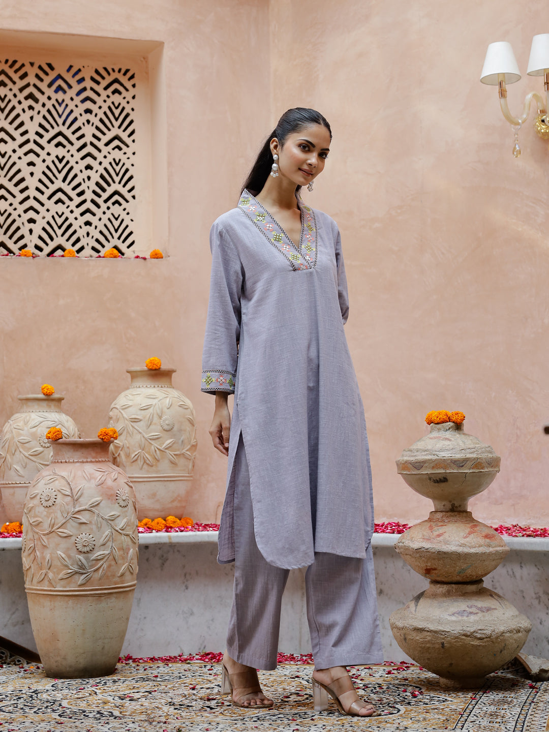 Solid Print Cotton Kurta Set For Women