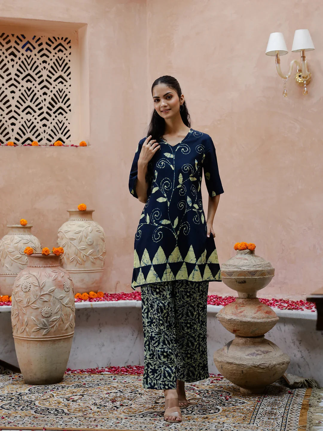 Blue Flower Printed V-Neck Kurta Set - SanskrutiHomes