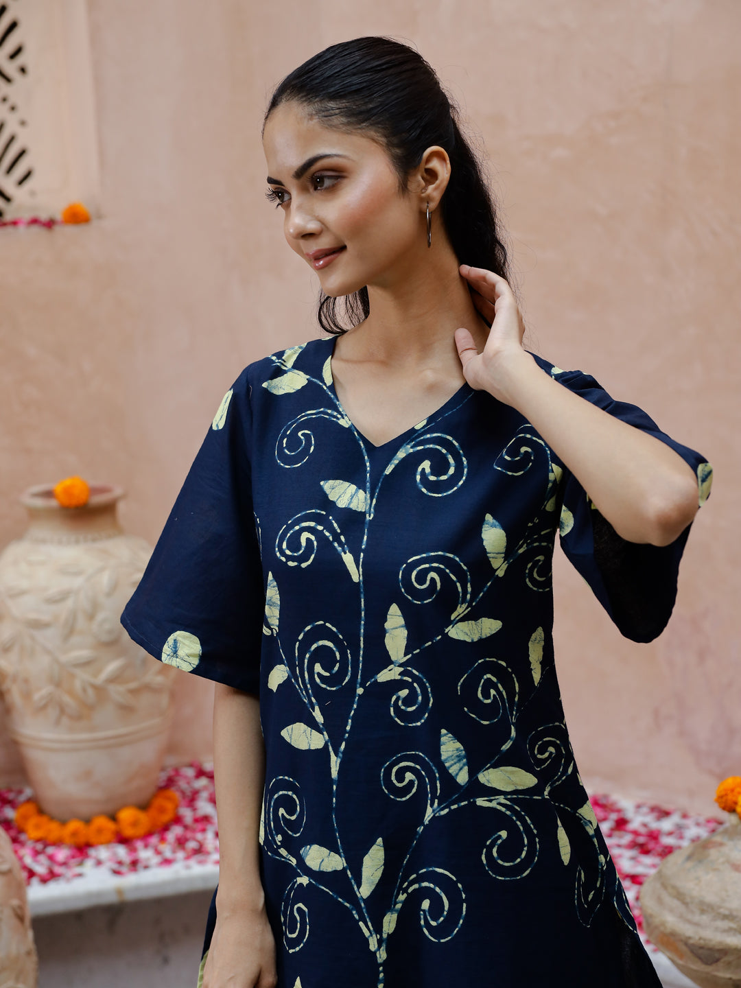 Blue Flower Printed V-Neck Kurta Set