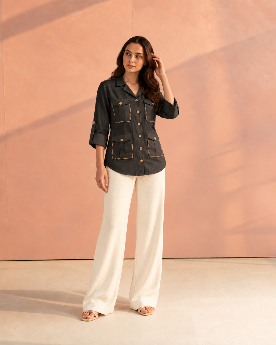 Black Solid Cuban Collar Roll-Up Sleeve Curved Hem Hunter Shirt For Women