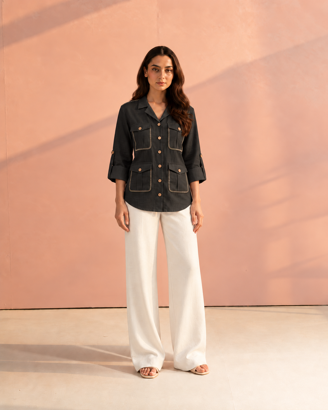Black Solid Cuban Collar Roll-Up Sleeve Curved Hem Hunter Shirt For Women