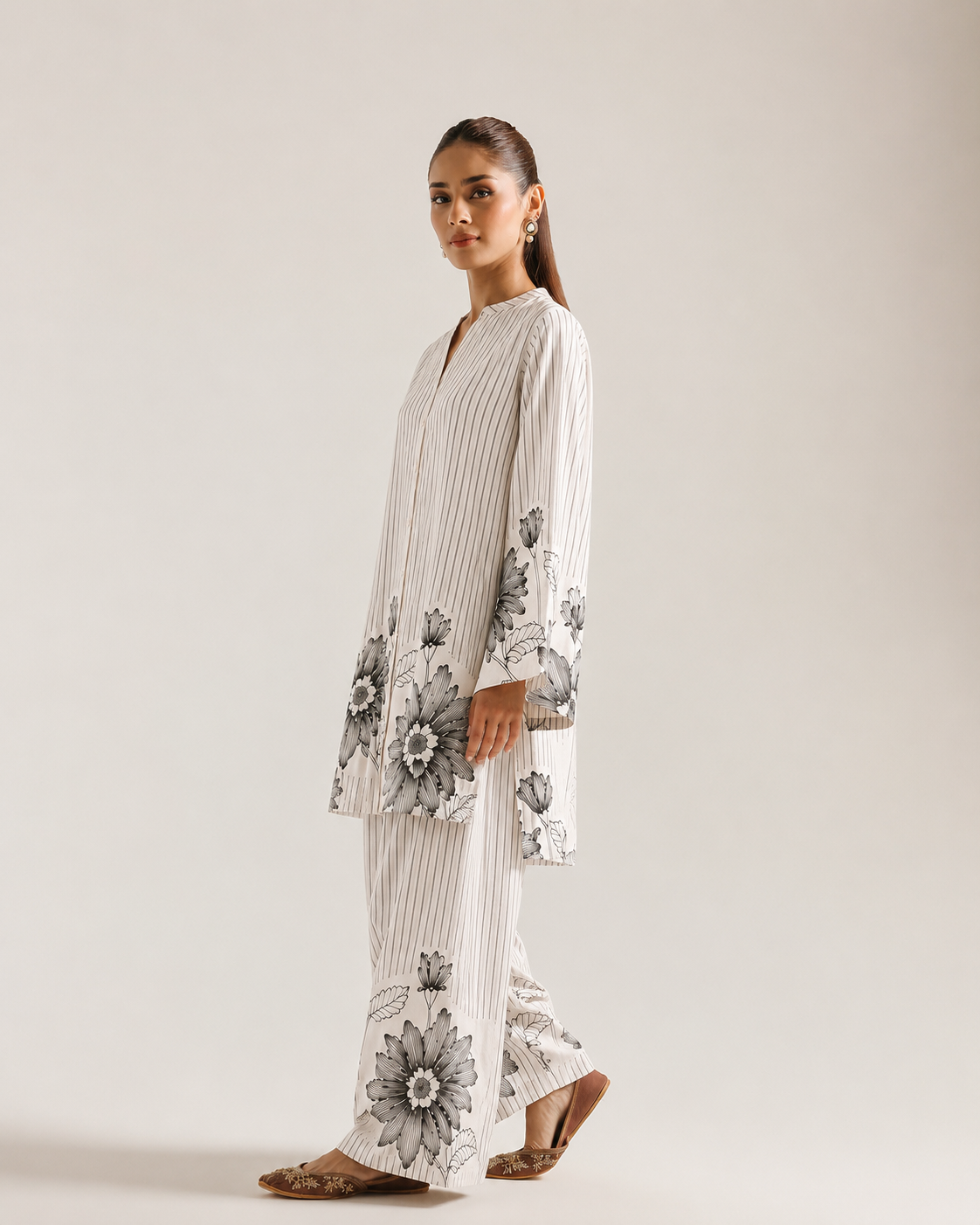 Black Botanical & Stripe Mandarin Collar Farshi Salwar Co-Ord Set For Women