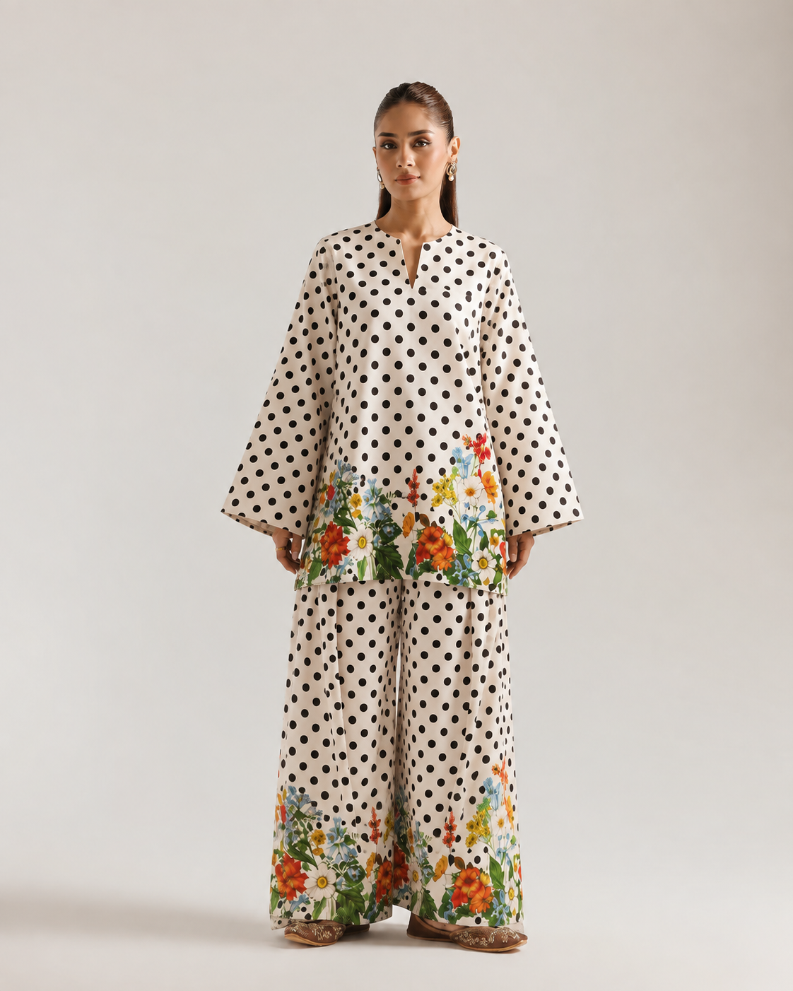White Polka Dot Floral Print Mandarin Neck Farsi Salwar Co-Ord Set For Women
