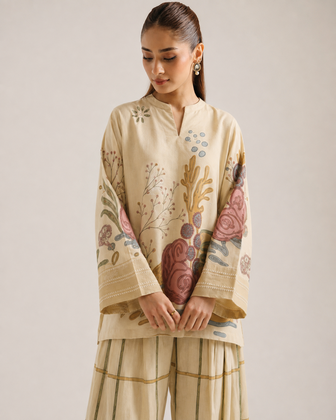 Cream Floral Print V-Neck Pure Cotton Farsi Salwar Co-Ord Set For Women