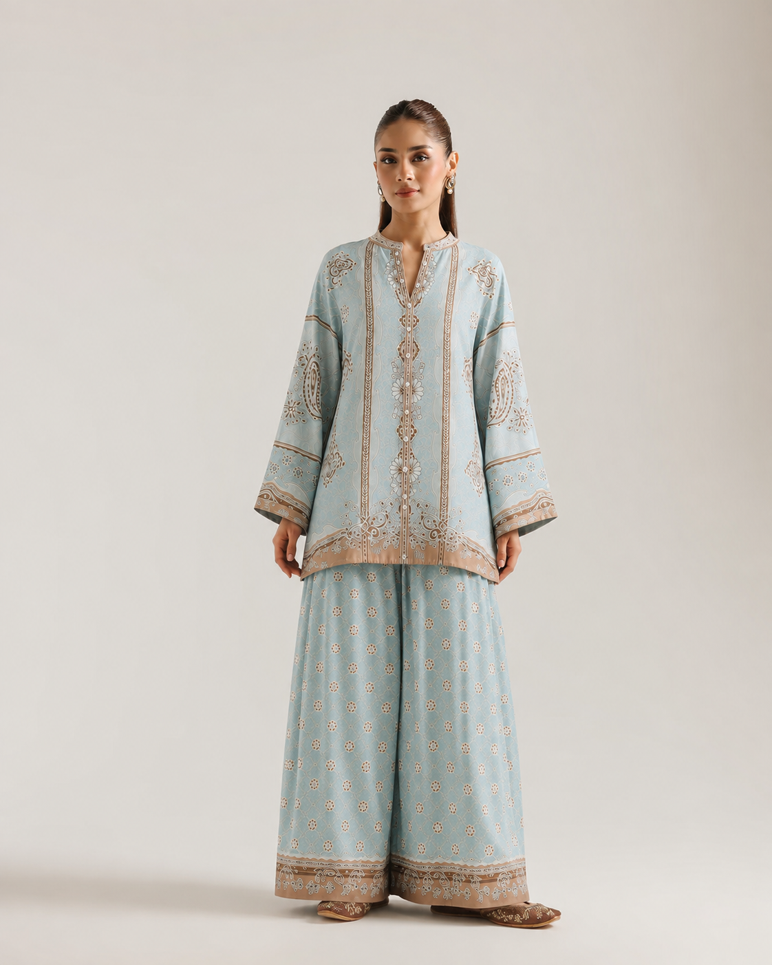 Blue Ethnic Paisley Print Mandarin Neck Pure Cotton Co-Ord Set For Women