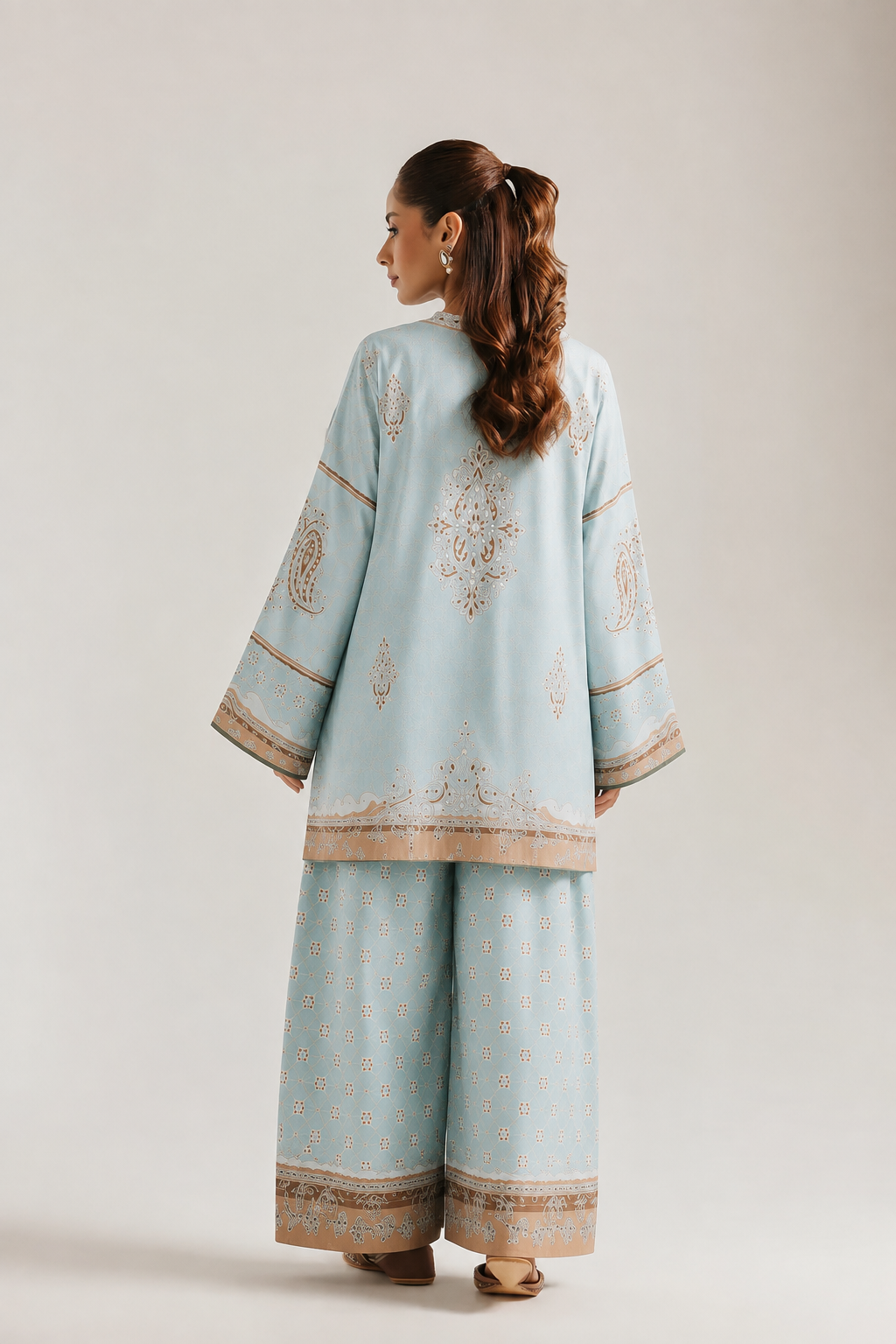 Blue Ethnic Paisley Print Mandarin Neck Pure Cotton Co-Ord Set For Women