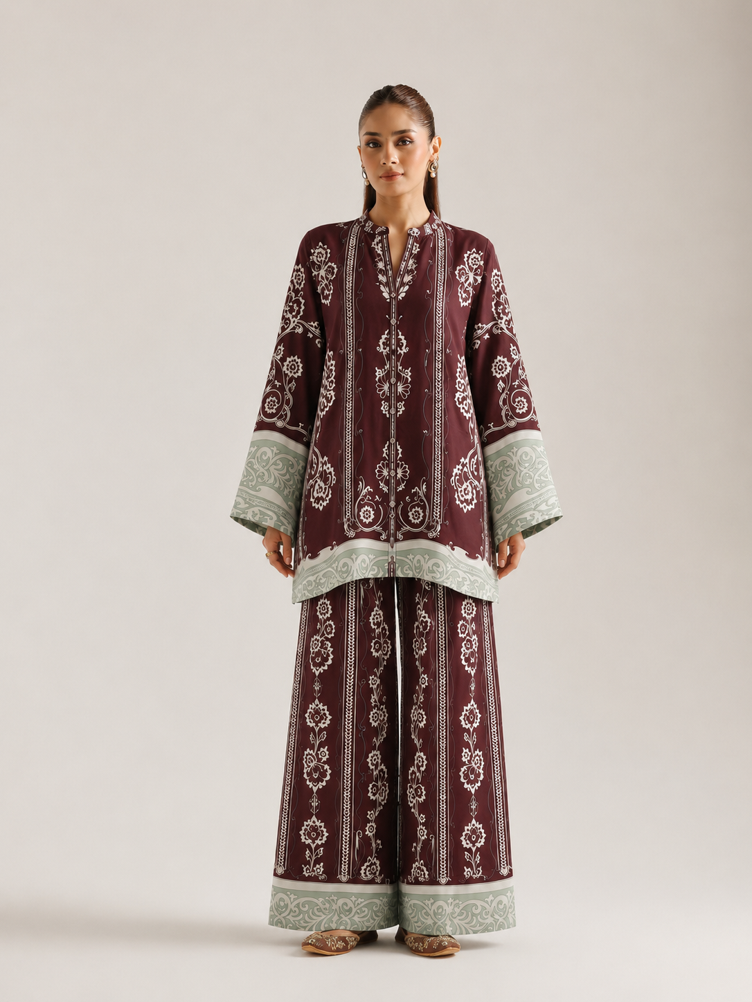 Brown Floral Paisley Print Mandarin Neck Pure Cotton Farsi Salwar Co-Ord Set For Women