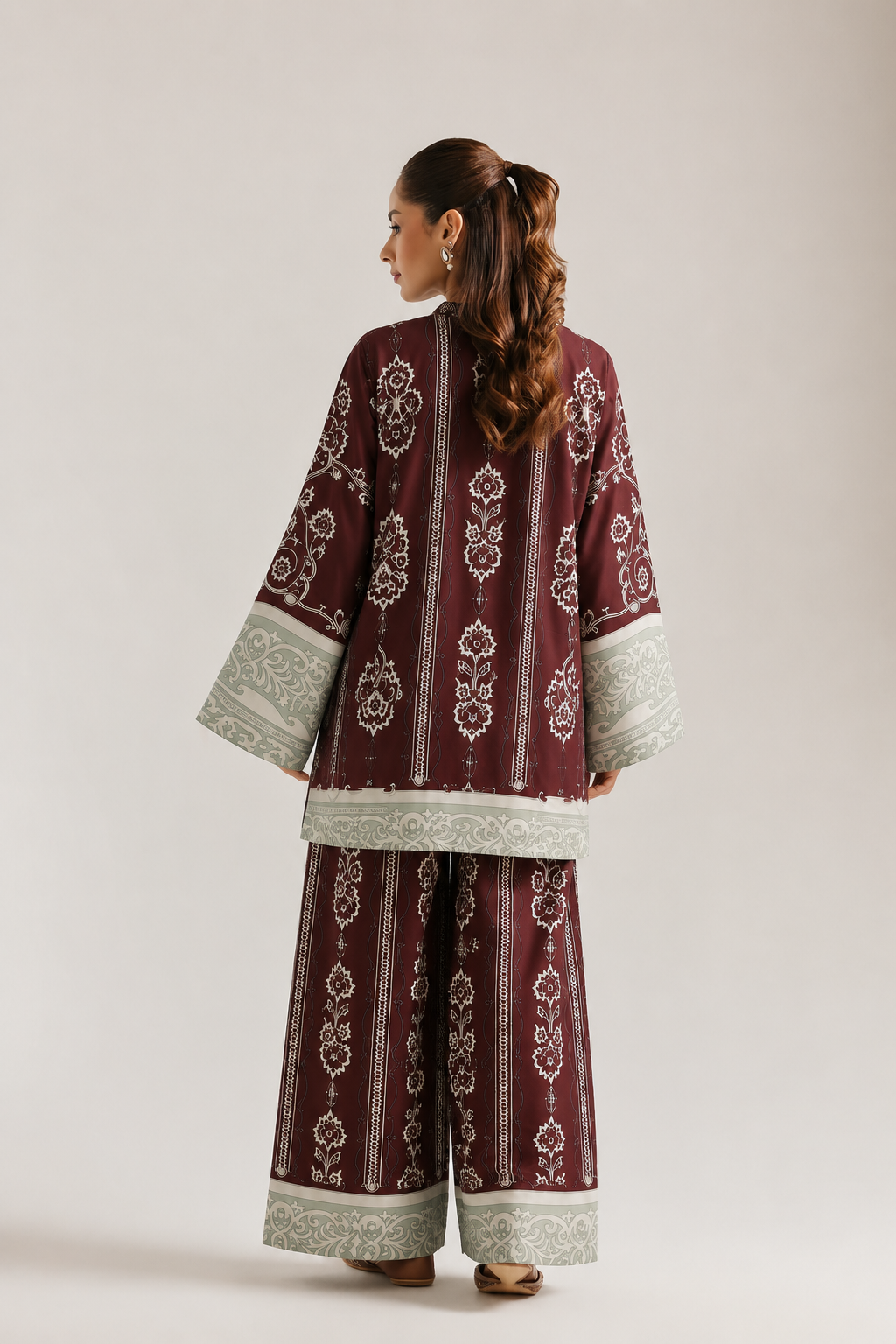 Brown Floral Paisley Print Mandarin Neck Pure Cotton Farsi Salwar Co-Ord Set For Women