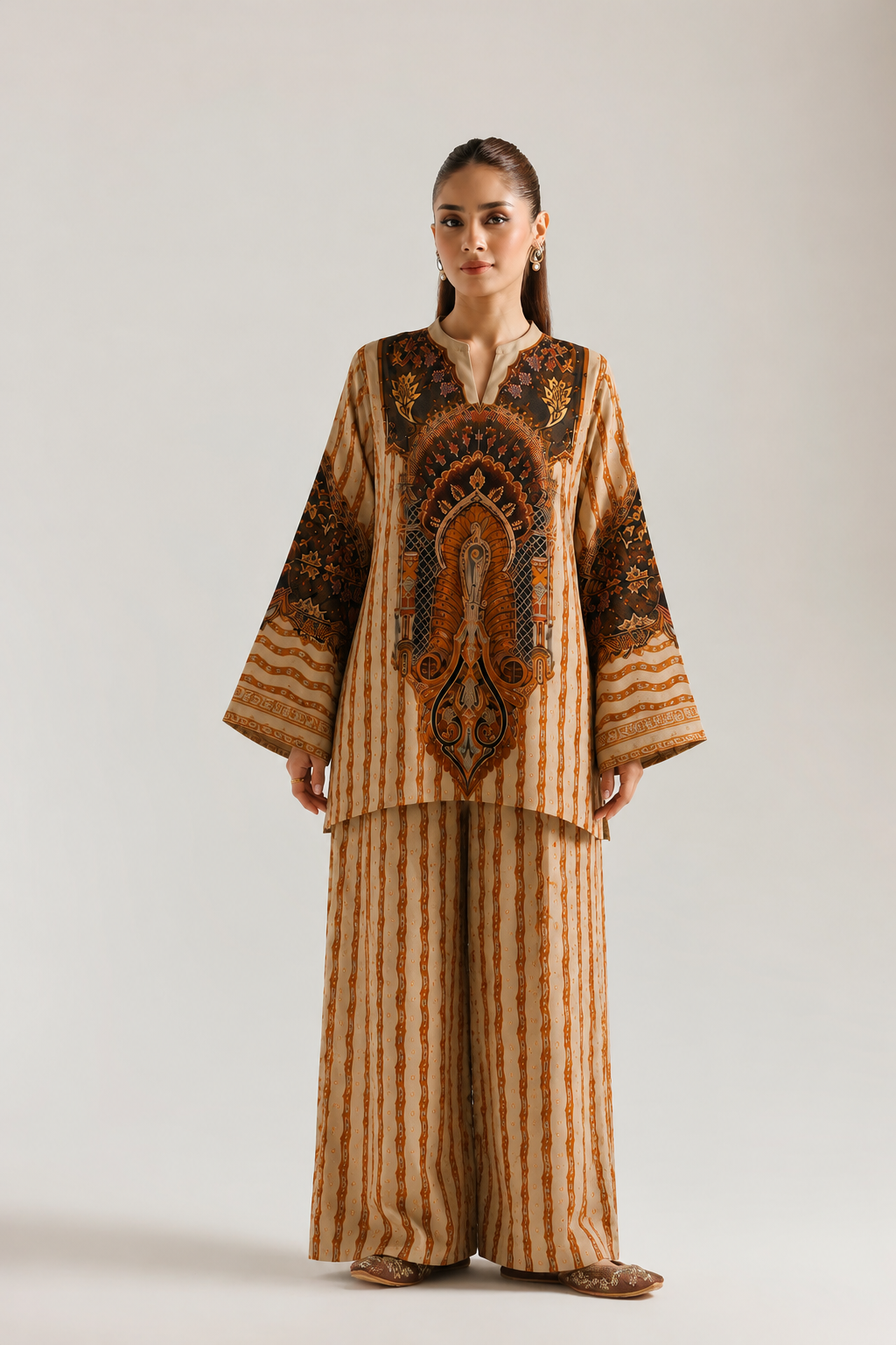 Beige Ethnic Paisley V-Neck Pure Cotton Farsi Salwar Co-Ord Set For Women