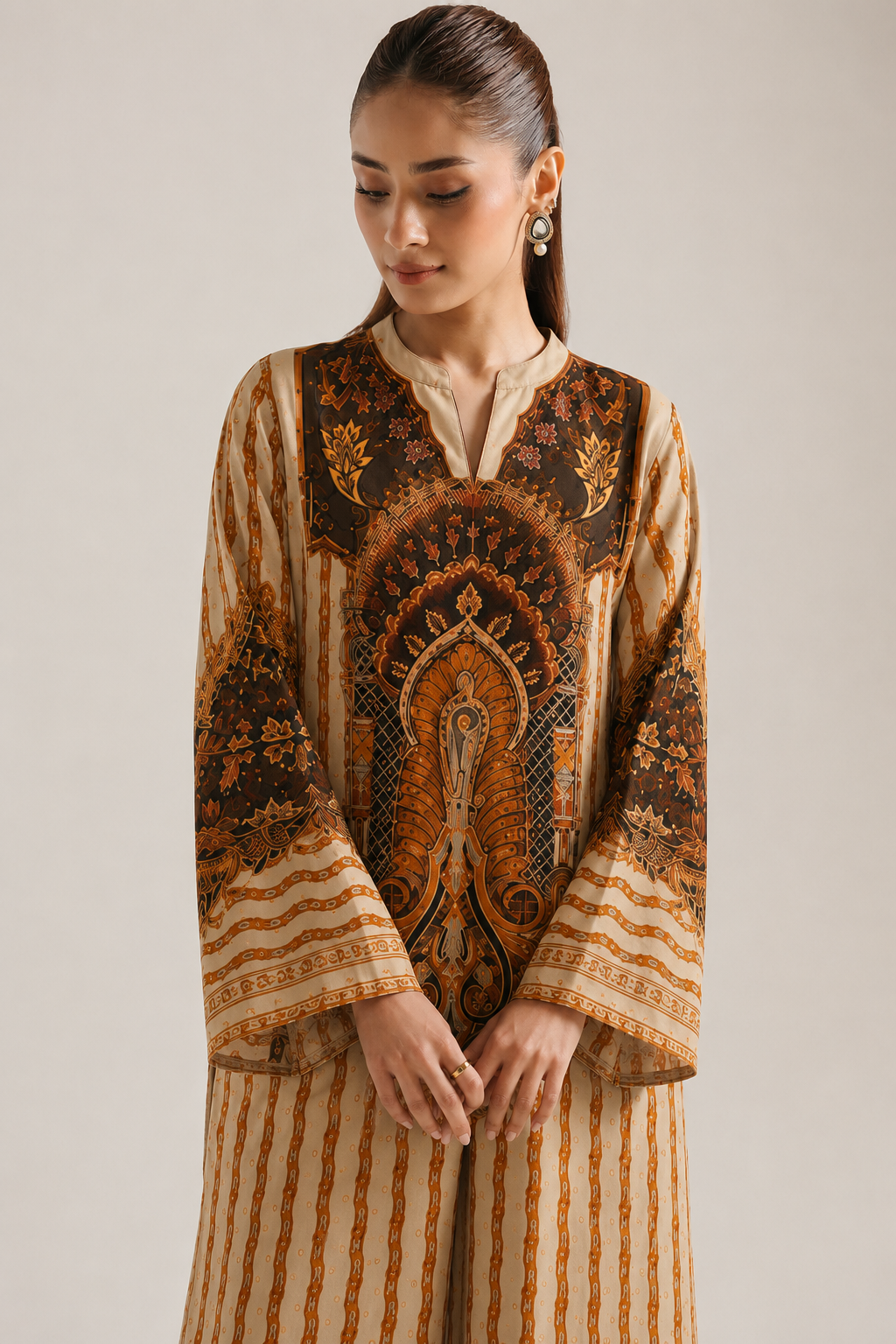 Beige Ethnic Paisley V-Neck Pure Cotton Farsi Salwar Co-Ord Set For Women