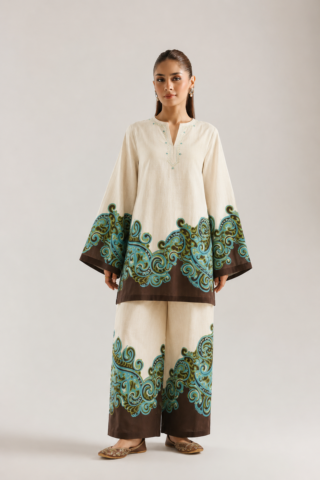 Ivory & Turquoise Paisley Border Print Pure Cotton Farsi Salwar Co-Ord Set For Women