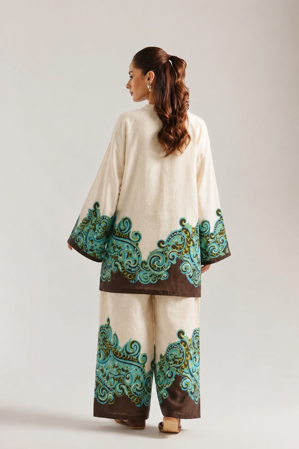 Ivory & Turquoise Paisley Border Print Farshi Salwar Co-Ord Set For Women
