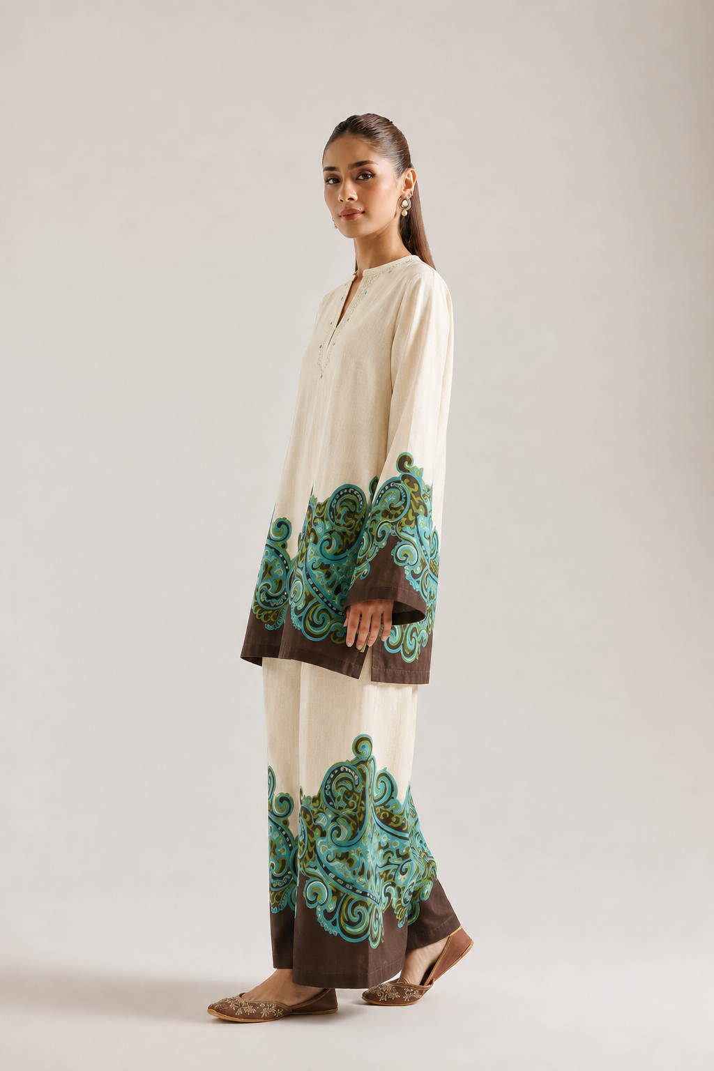 Ivory & Turquoise Paisley Border Print Farshi Salwar Co-Ord Set For Women