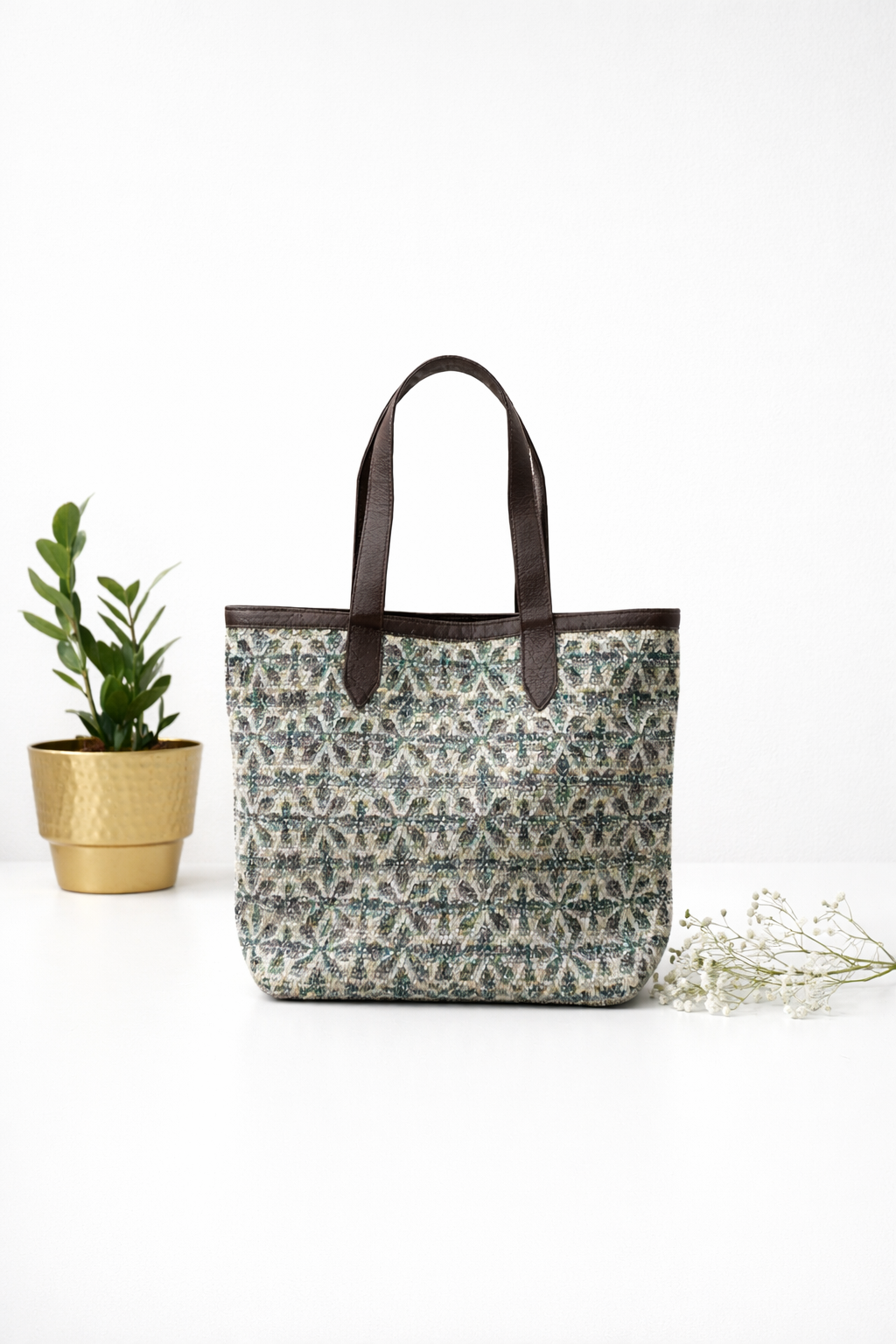 Multi Geometric Print with Leather Handles Tote Bag For Women - SanskrutiHomes