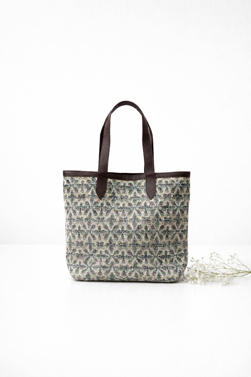 Multi Geometric Print with Leather Handles Tote Bag For Women - SanskrutiHomes