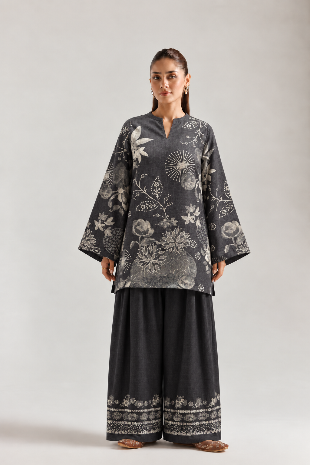 Charcoal Ivory Botanical Farsi Salwar Co-ord Set for Women