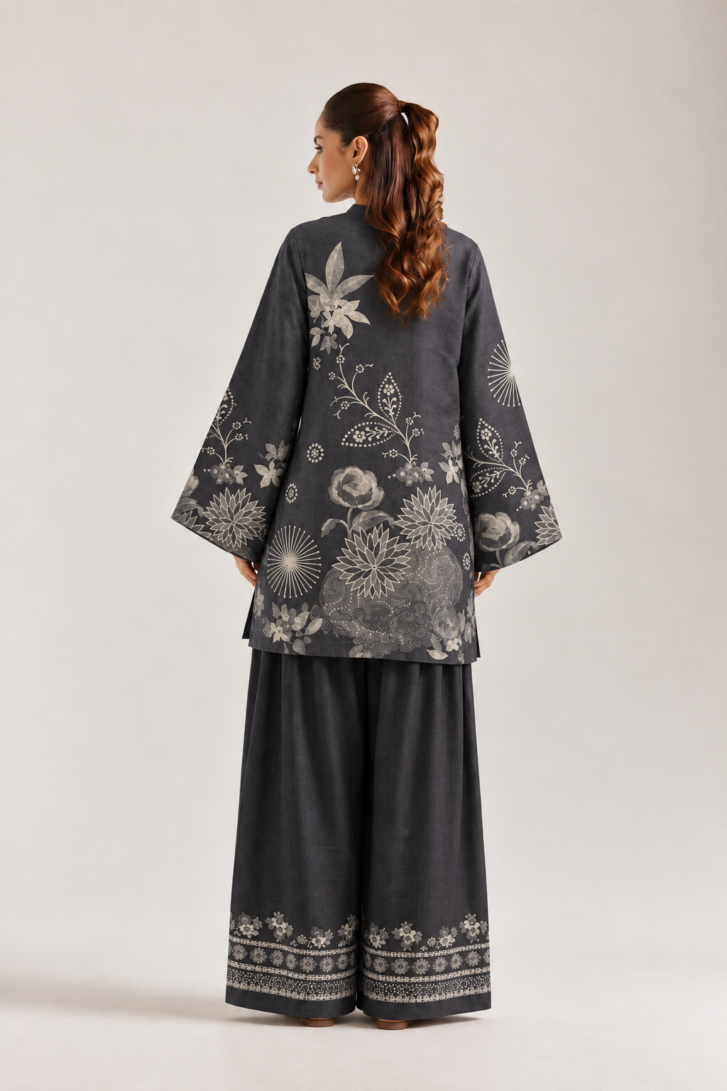 Charcoal Ivory Botanical Farshi Salwar Co-ord Set for Women