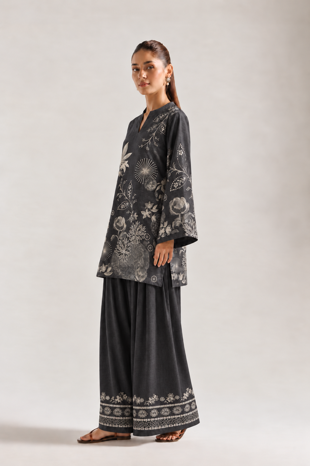 Charcoal Ivory Botanical Farshi Salwar Co-ord Set for Women