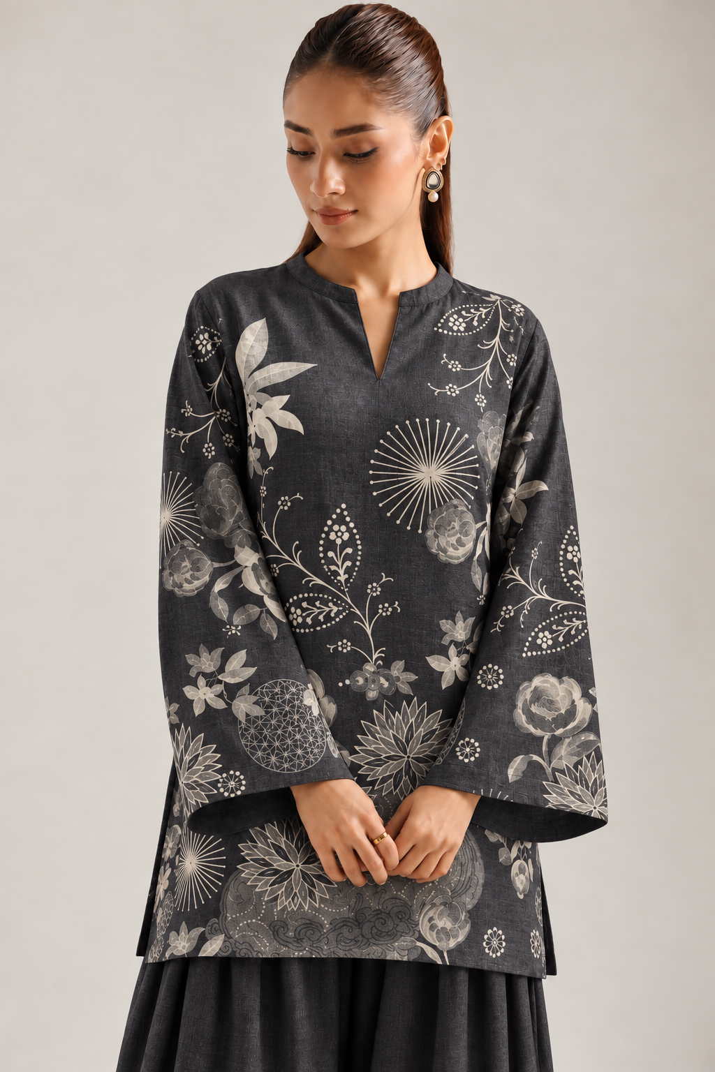 Charcoal Ivory Botanical Farsi Salwar Co-ord Set for Women