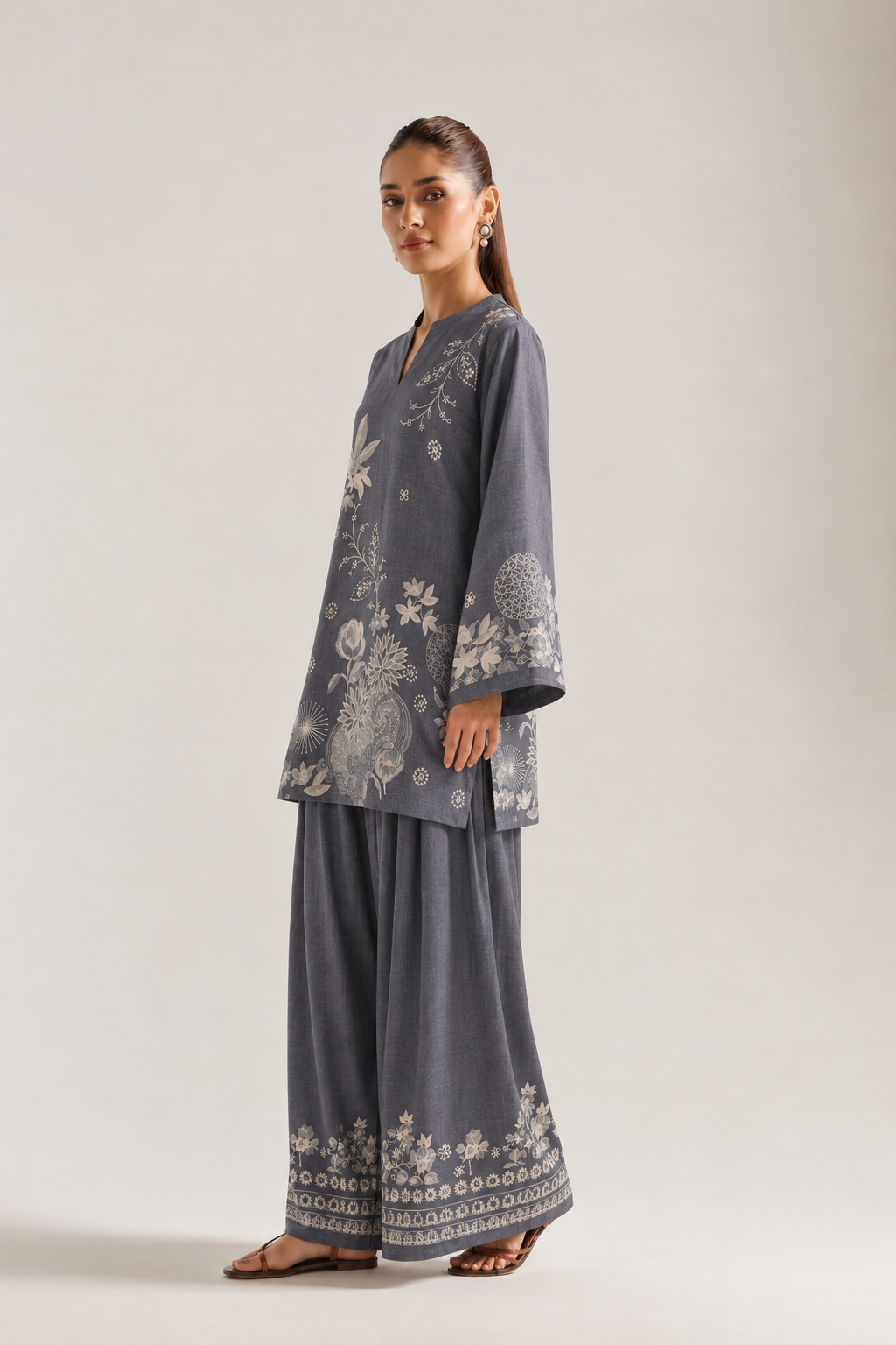 Charcoal Ivory Botanical Farsi Salwar Co-ord Set for Women