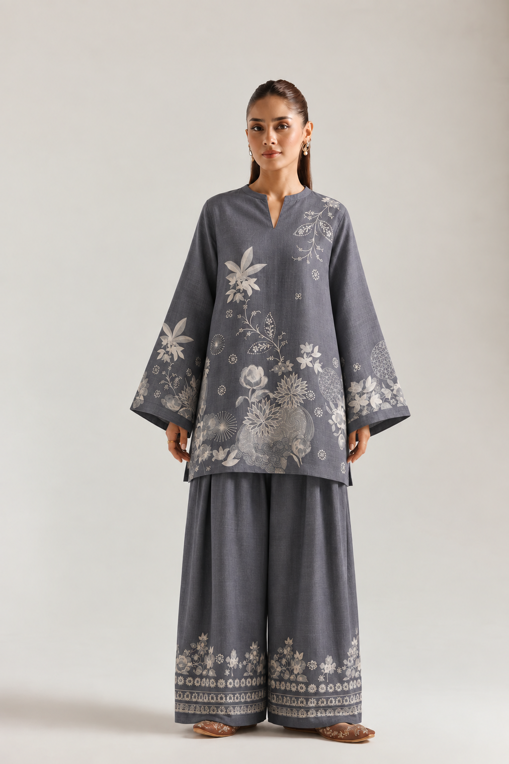 Charcoal Ivory Botanical Farsi Salwar Co-ord Set for Women