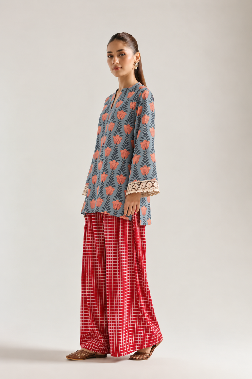 Coral Bloom Red Grid Farsi Salwar Co-ord Set for Women