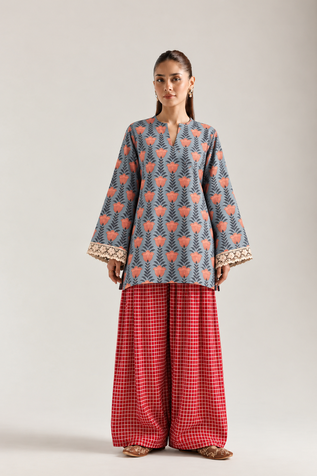 Coral Bloom Red Grid Farsi Salwar Co-ord Set for Women