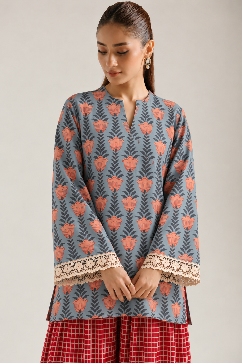 Coral Bloom Red Grid Farsi Salwar Co-ord Set for Women